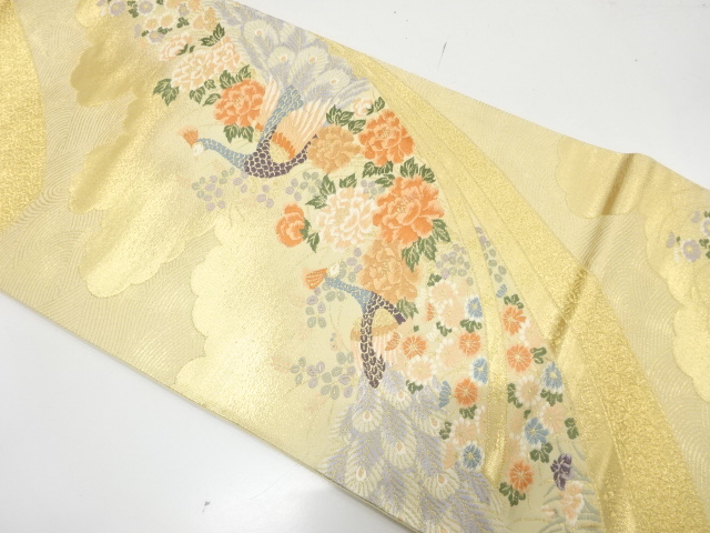 JAPANESE KIMONO / UNUSED FUKURO OBI / SILK / WOVEN NOSHI & PEONY & PEOCOCK & KIKU